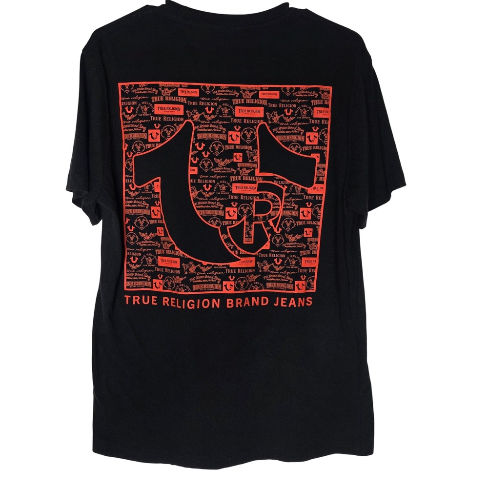 True Religion‎ Mens Graphic T-Shirt Black Orange Horseshoe Logo Size Medium